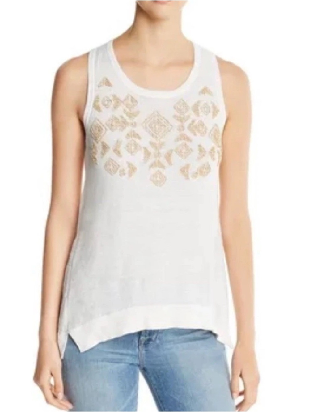 NWT Donna Karan Linen Ivory Tank Top with Wood Embellished Front - M
